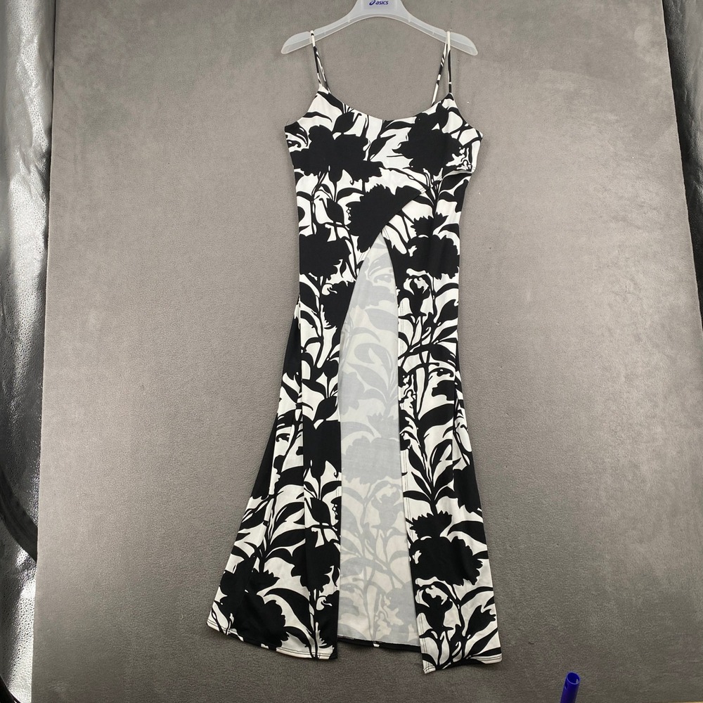 Vintage Venus Black White Floral Maxi Dress Spaghetti Strap Wrap Front Medium